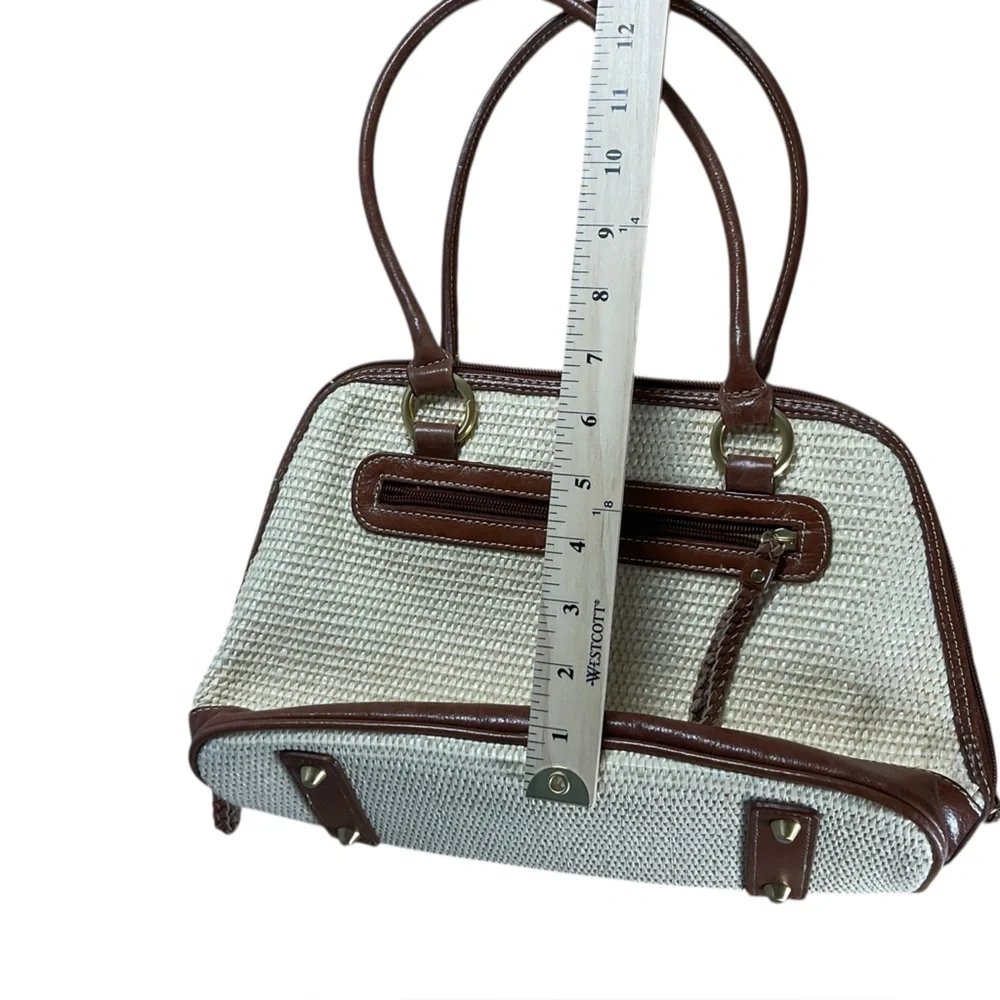 Giani Bernini Off-White Straw Top Handle Brown Leather Accent Satchel Purse Bag